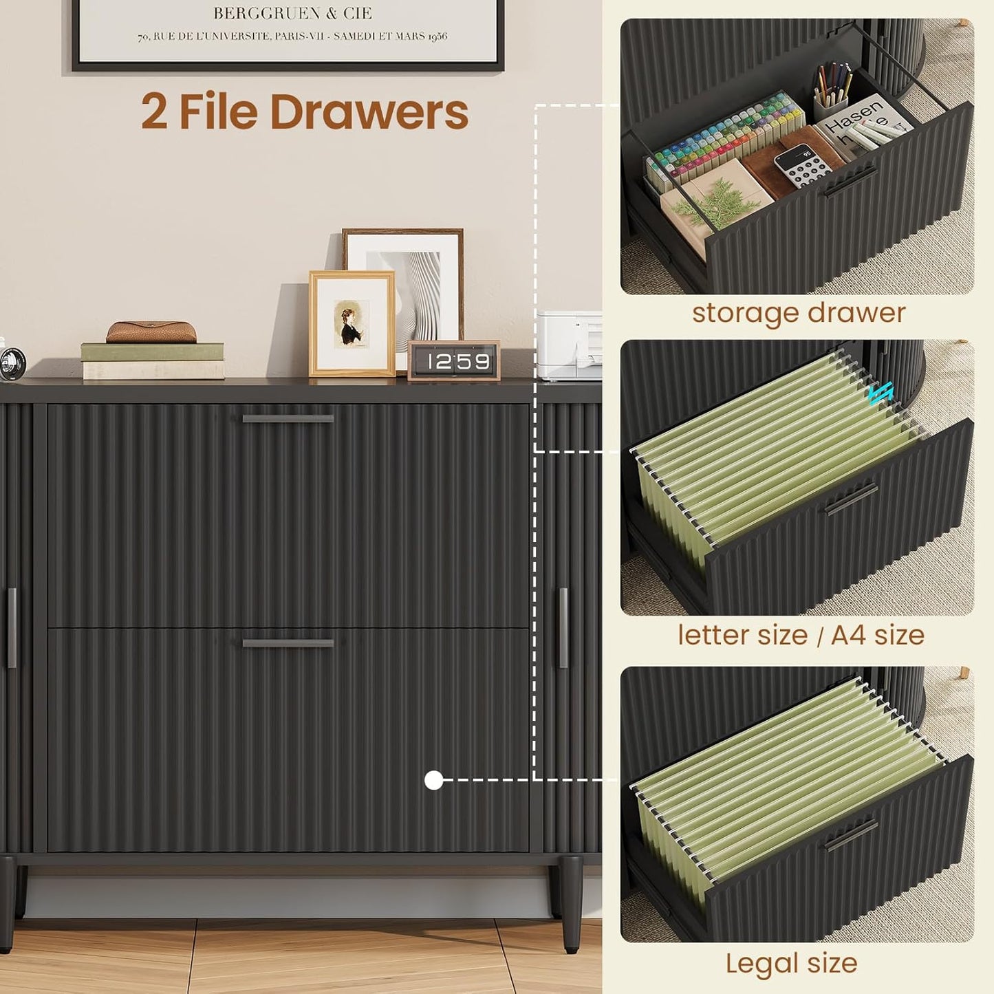 SEDETA 39.4" Filing Cabinet for Home Office, 2 Drawer File Cabinet, fit Legal/Letter/A4 Size, Modern Fluted Filing Cabinets with 2 Sliding Door Storage, Printer Stand, Black