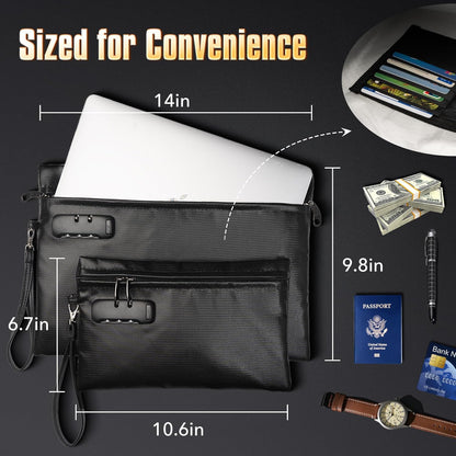 Fireproof Document Bag Set with Lock, 2 Pcs Money Box for Cash & Passport, 6200°F Fire Proof Bag for Documents 14"x9.8" & 10.6" x 6.7", Fireproof Document Safe, Waterproof Money Bags Pouch with Zipper
