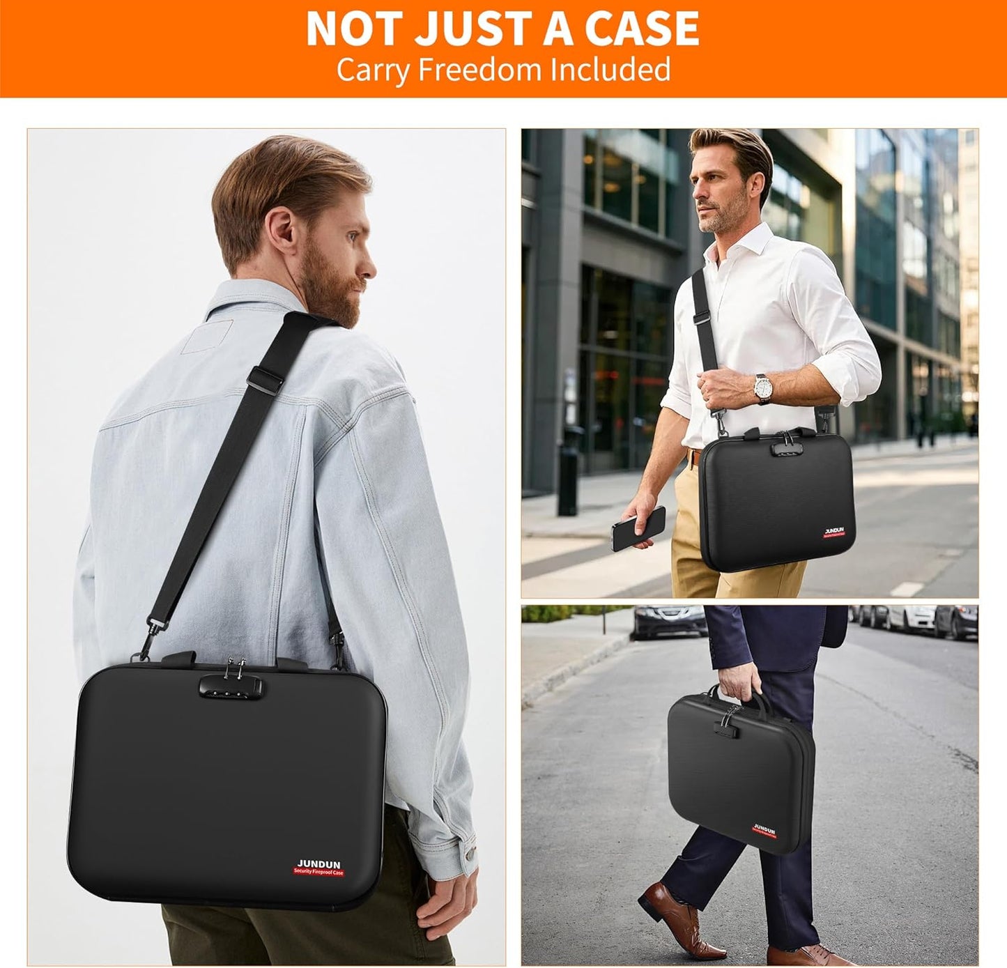 JUNDUN Fireproof Document Box with Lock & Shoulder Strap,Hard Shell Case Document Organizer with 13 Pockets Accordion File Organizer,Portable Home Office Travel Safe Storage for Files Laptop and More