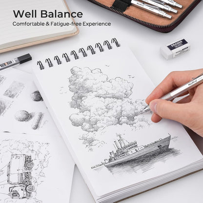 Nicpro 20PCS Metal Mechanical Pencil Set in Leather Case, Art Drafting Pencil 0.3, 0.5, 0.7, 0.9 mm & 2mm Lead Holders, 9 Tube (4B 2B HB 2H Colors) Lead Refills, Erasers For Sketching Drawing