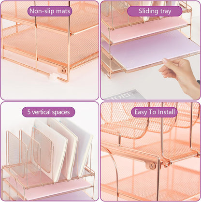 Desk Organizers and Accessories, 3-Tier Paper Organizer with 5 Vertical File Holders, File Organizer for Desk (Rose Gold, 3T)
