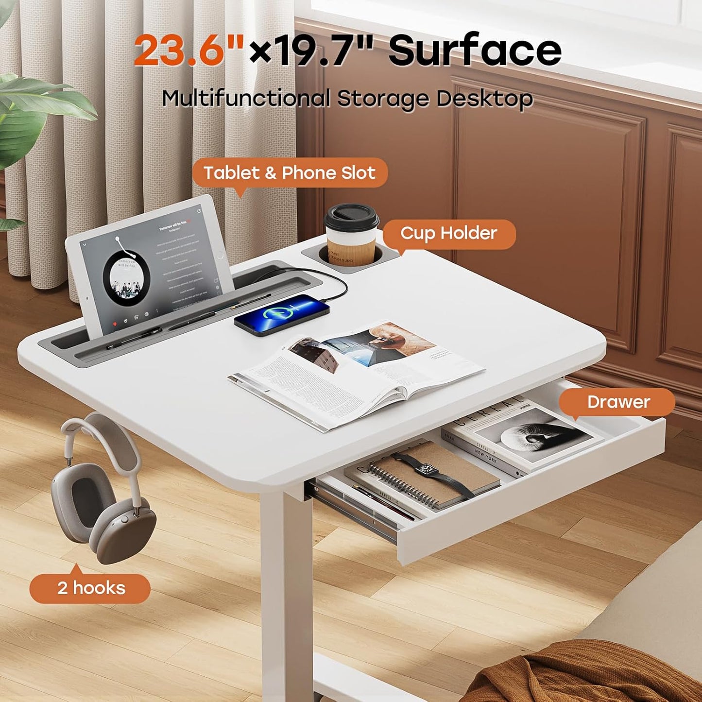 Mobile Small Standing Desk with Drawer, 23.6"x19.7" Rolling Laptop Cart on Wheels, Height Adjustable Sit Stand Computer Workstation with Storage for Compact Space, White