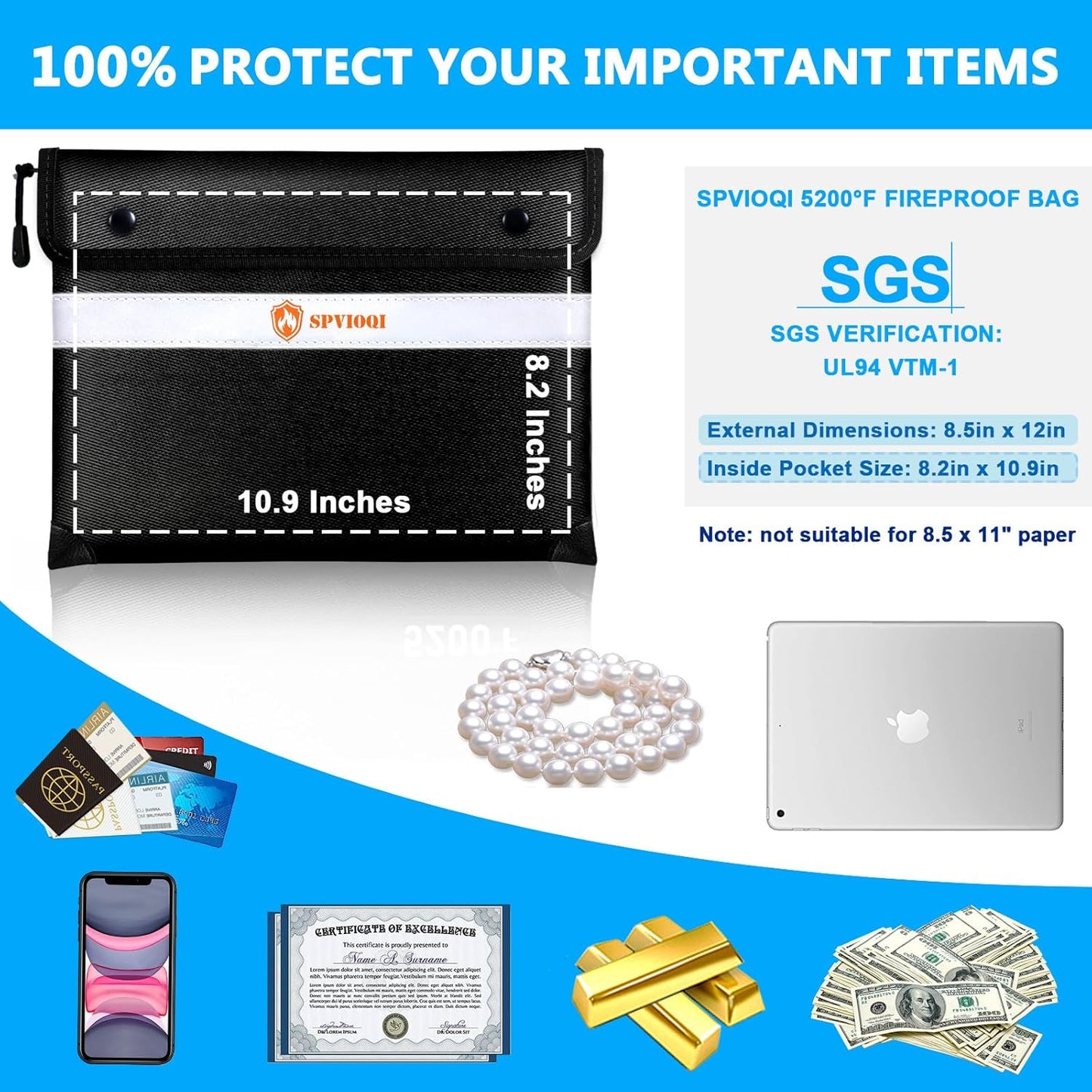 Upgraded 5200°F Fireproof Document Bag - Heat Insulated, Fireproof Bag with Zipper, Reflective Strip for Fast Find, Water Resistant, Firep roof Money Bags for Cash, A5 Important Documents and Valuable