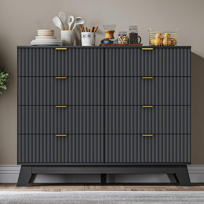 Fluted 8 Drawer Tall Dresser, 47.2" Wide Modern Boho Chest of Drawers, Wooden Storage Dresser TV Stand for Bedroom, Living Room, Closet, Hallway, Curved Profile Design