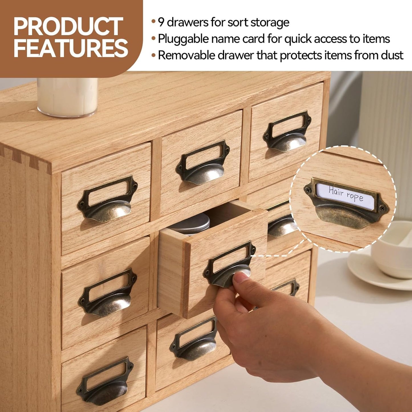 KIRIGEN Wood Drawer Organizer Desktop Storage Cabinet Box Drawers for Home Office Desk Organization and Storage 9 Drawer Mini Chest with Metal Handles Natural (9CG-NA)