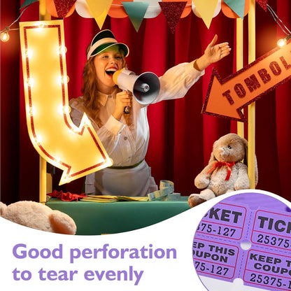 DGBDPACK 100 Raffle Tickets, 50/50 Double Ticket, Bold Numbers for Easy Reading, Ticket for Events, Entry, Class Reward & Prizes -Purple