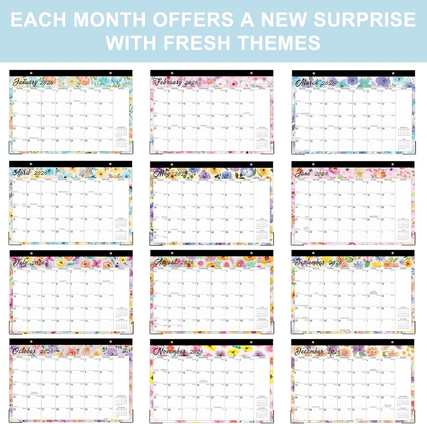 Lbylyhxc Desk Calendar 2026-2027, 18-Month School Year Calendar 2026-2027, January 2026 to June 2027, Large Desktop Calendar Monthly for Teacher with Corner Protectors 17" X 12" (Watercolor Flowers Desk Calendar, 17x12 inches)