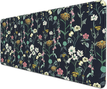 Dark Botanical Flowers Mouse Pad,Extended Black Plant Floral Mousepad Desk Pad with Stitched Edges,Non-Slip Waterproof Rubber Base Mouse Mat for Office Computer Keyboard Laptop Home(27.5x11.8 in)