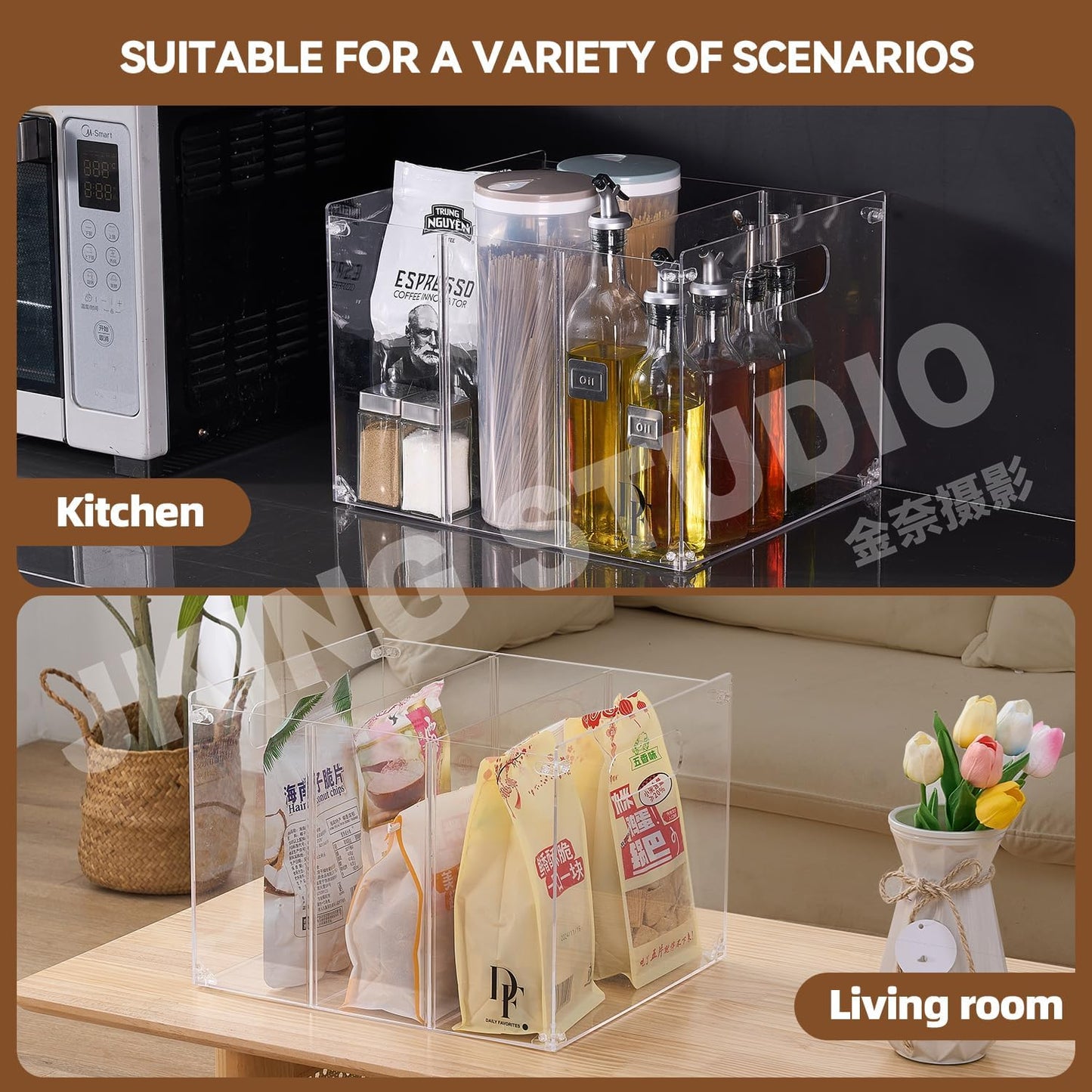 DF 3-Section Acrylic File Organizer with Handles – Clear File box for Documents, Books & Office Supplies – Desktop Hanging File Organizer - Compact and Durable Design for Home or Office Use