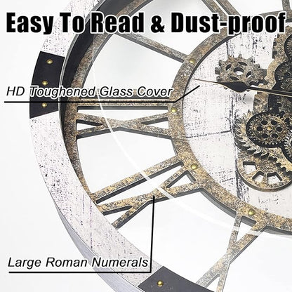 DORBOKER 30" Large Wall Clock Moving Gears,Oversized Industrial Rustic Farmhouse Clocks for Living Room Decor Office Home, Solid Wood Retro Metal HD Tempered Glass Cover, White Grey