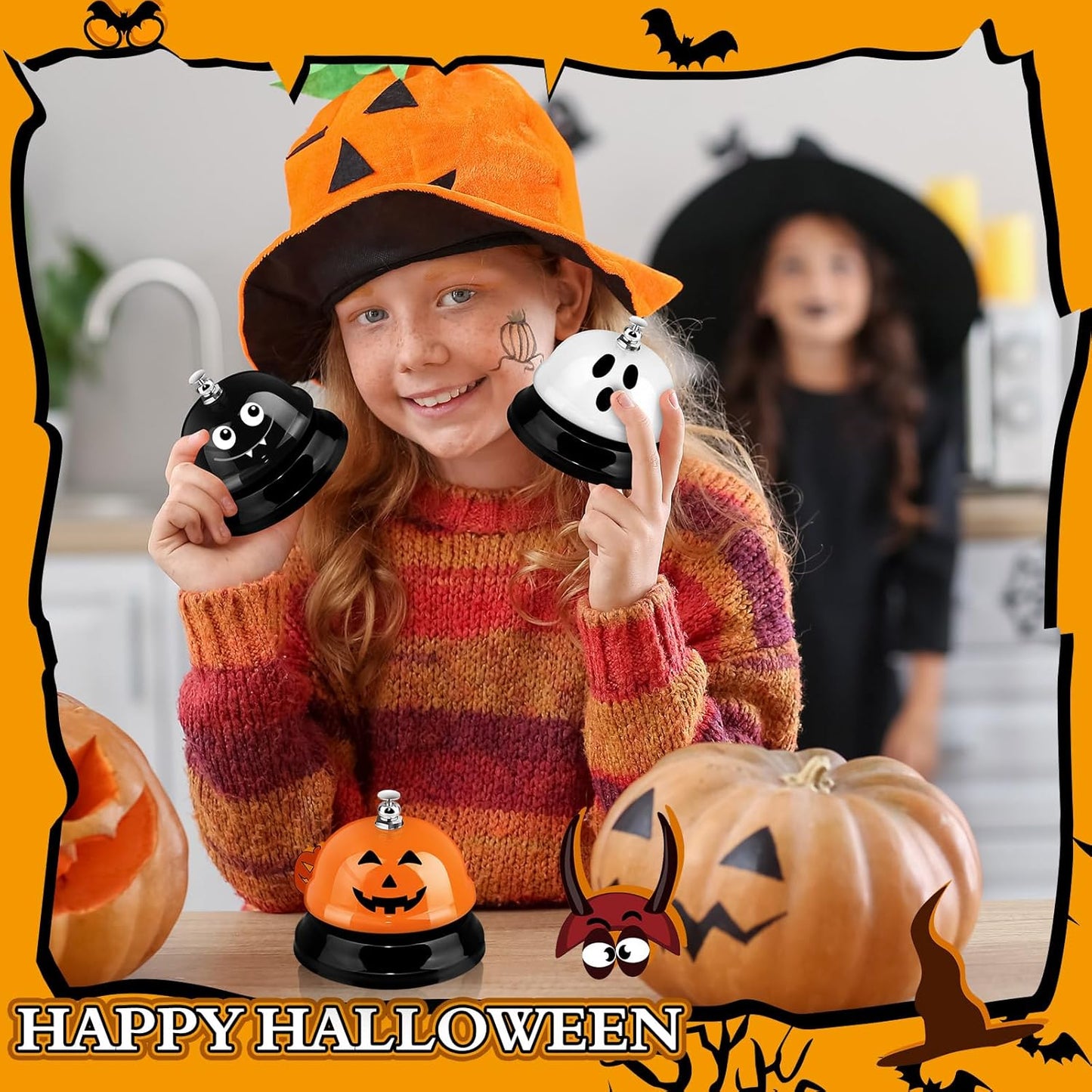 Hotop 3 Pcs Desk Bell for Service Funny Front Desk Smile Face Metal Ringer Call Bell for Kitchen Hotel Restaurant Classroom(Pumpkin, Ghost, Bat,Orange, Black, White)