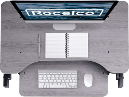 Rocelco 32" Height Adjustable Standing Desk Converter with Anti Fatigue Mat Bundle - Slide Out Retractable Keyboard Tray - Sit Stand Up Dual Monitor Riser - Computer Workstation - Gray (R ADRG-MAFM)