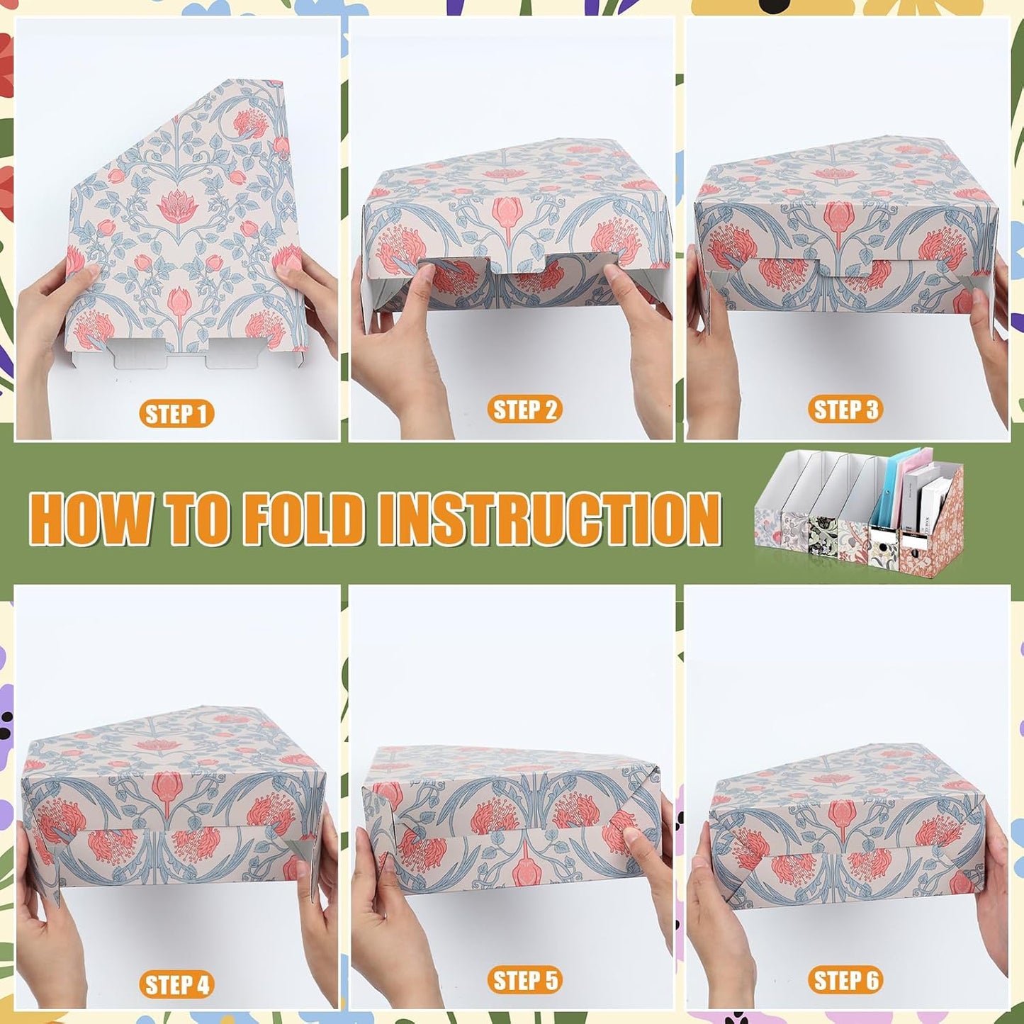 PerKoop 6 Pcs Magazine File Holder Foldable Decorative Cardboard File Folders 6 Patterns Floral Colored Magazine Rack with Printable Sticker Labels for School Office Home Desk (Floral)