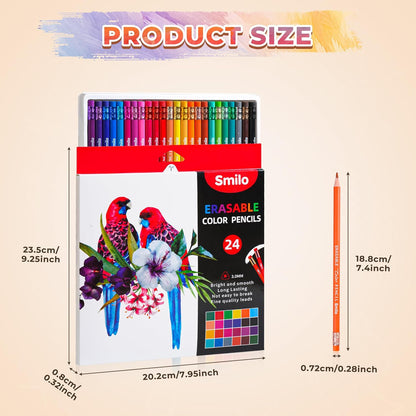 24-Count Erasable Colored Pencils with Erasers - Vibrant & Smooth Colors for Drawing, Coloring Books, School Art Projects - Premium Art Supplies for Kids, Adults & DIY Crafts