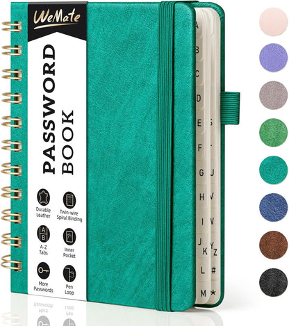 WEMATE Password Book with Alphabetical Tabs, Spiral Password Keeper Book for Seniors, Internet Password Notebook Password Journal Logbook Log in Detail, Small – 4.7''x 6'' (Teal)