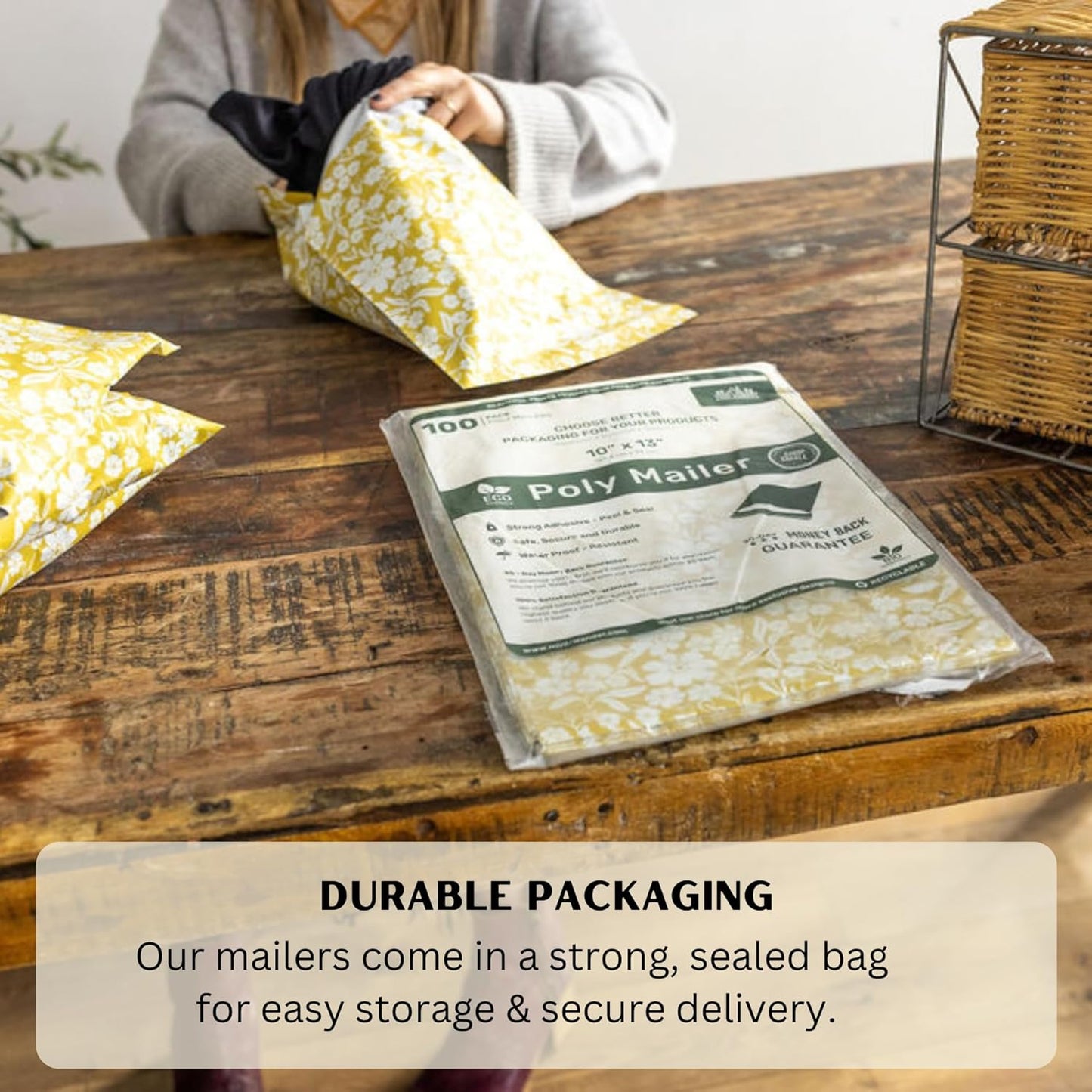 Poly Mailers 10x13 Inch 50 Pack Medium Shipping Bags Strong Thick Mailing Envelopes | Self Sealing Adhesive | Waterproof & Tear Proof | Small Business Packaging for Clothing - Floral Mustard Yellow