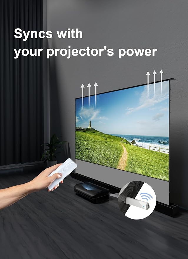 AWOL VISION 100" Motorized Rising Matte White Projector Screen for Long Short Ultra Short Throw Projector, Floor Stand Indoor Outdoor Theater Screen, 170°+ Viewable 4K/8K Ultra HD MW-F210