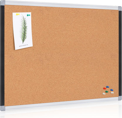Board2by Cork Board Bulletin Board 24" x 36", Black/Silver Aluminium Framed Corkboard, Office Board for Wall Decor, Large Wall Mounted Notice Pin Board with 18 Push Pins for School, Home & Office