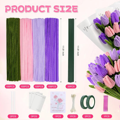400 Pcs Chenille Stems Flowers Craft Kit,4 Colors Pipe Cleaners Bulk for DIY Floral Arrangements with Floral Wires, Gardening Tape,Hot Glue Stick,Greeting Card,Bouquet Paper, Stamen & Ribbon
