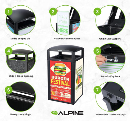 Alpine Outdoor Commercial Trash Can with Lid - 40 Gallon Heavy Duty Metal Garbage Can with Advertising Panels, Removable Bin, Locking Lid for a Modern Look in Pool, Park, Mall (Grey Stones)