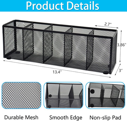 Black Mesh Pen Pencil Holder, Small Metal Desk Organizer Desktop Stationery Office Supplies Acessories Storage Stand, 5 Compartments Brushes Holder for Home School Classroom Teachers