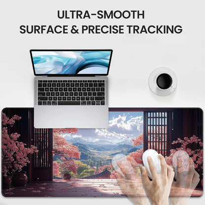 35.4 x 15.7 inches, Large Desktop Mouse pad, Keyboard and Mouse Pads for Work and Home Computers, and Large Laptop Mouse mat，Japanese-Style Cherry Blossom Mountain View