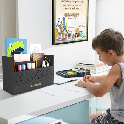 Bamboo Mail Organizer Countertop Wood Desk Organizer Drawer Tabletop Storage Box Letter Sorter Makeup Organizer for School Home Office Supplies Black