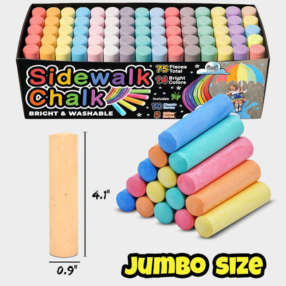 75 PCS Sidewalk Chalk for Kids - 14 Colors, 5 Glitter, Non-Toxic Washable Jumbo Chalks - Bulk Set of Outdoor Paint for Kids and Toddlers - Chalkboard Toys - Big Bucket Chalk for Party