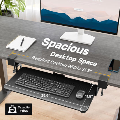 BONTEC KMT01 Under Desk Keyboard Tray, Pull-Out Keyboard & Mouse Platform with C-Clamp, 25.6 x 11.8 in Space-Saving Ergonomic Slide-Out Drawer, Black Carbon Fiber