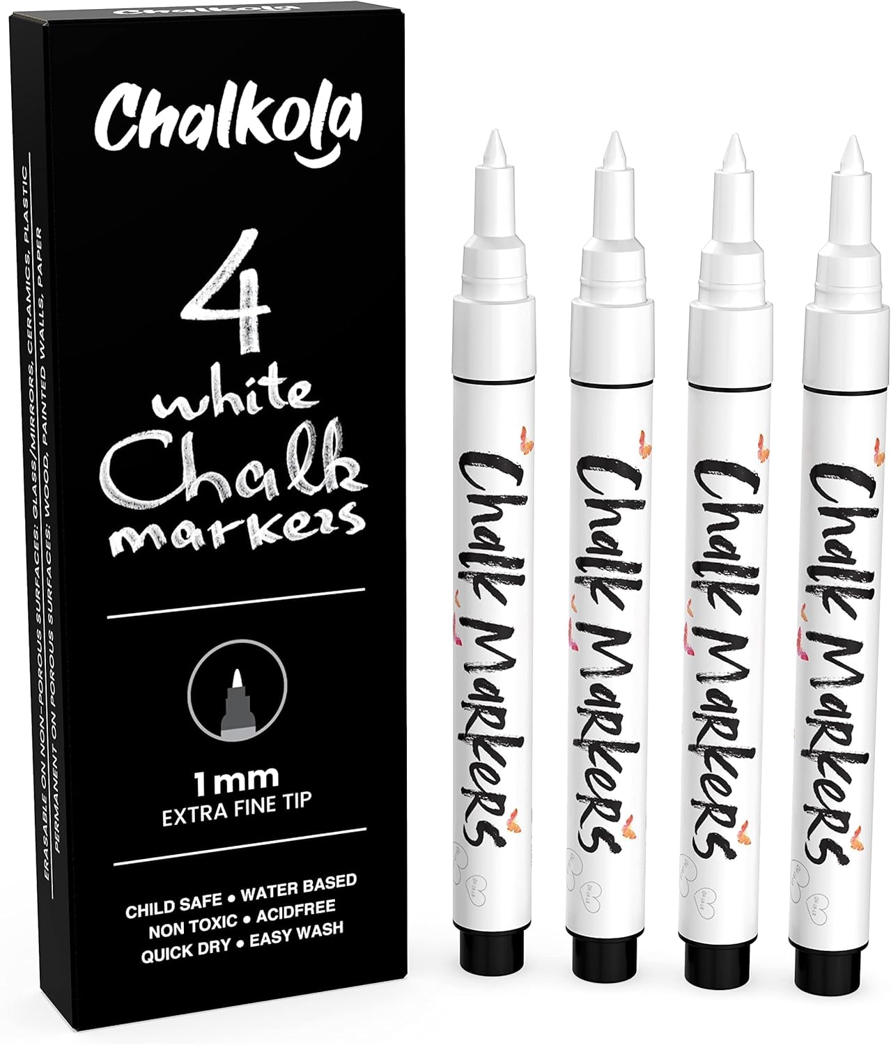 Extra Fine Tip White Chalk Markers (4 Pack 1mm Point) Chalk Pens - White Dry Erase Marker Pen for Blackboard, Chalkboards, Windows, Glass, Bistro, Signs