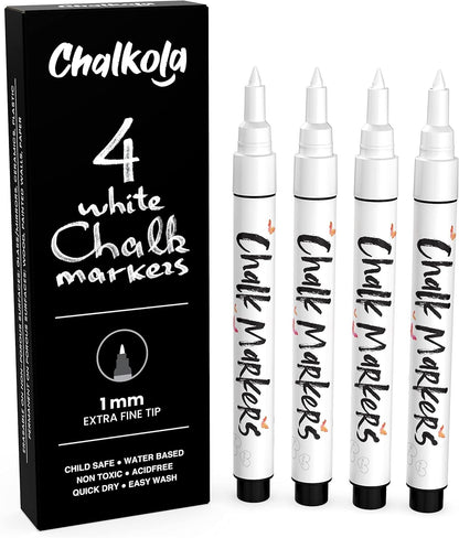 Extra Fine Tip White Chalk Markers (4 Pack 1mm Point) Chalk Pens - White Dry Erase Marker Pen for Blackboard, Chalkboards, Windows, Glass, Bistro, Signs