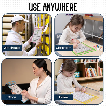 Essex Wares - 5 Pack, Pastel, Job Ticket Holders, 10" Wide x 13.5" Tall - Clear Plastic Shop Ticket Holders - Easy to Use, Reusable & Easy Erase Plastic Invoice Holders, Water-Resistant & Durable