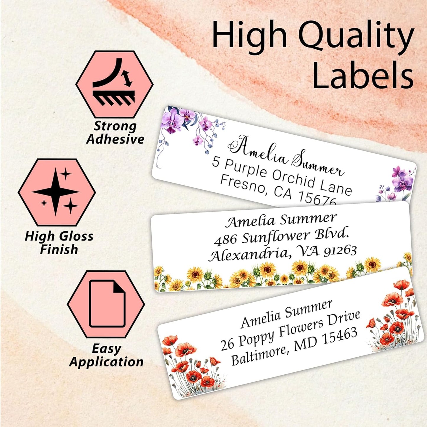 Personalized Return Address Labels Floral - High Gloss Custom Mailing Labels on Sheets - Self-Adhesive Return Stickers for Envelopes with Crisp Printing Design (50-1000)
