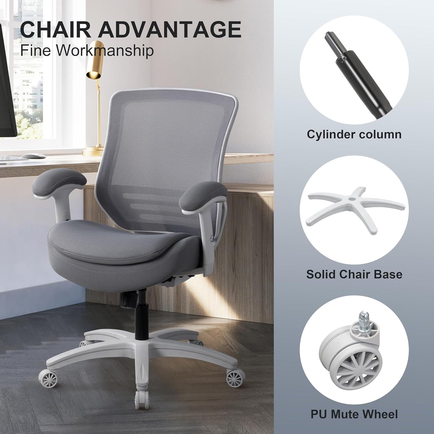 400lbs Double Seat Cushion Office Chair Soft Armrests Executive Ergonomic Computer Desk Chair with Lumbar Support (Grey Frame Grey Fabric)