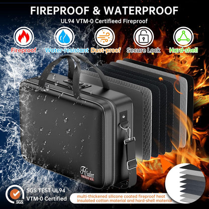 Fireproof Document Box with Lock, Hard-Shell Case File Organizer with 24 Pocket Accordion File Folder, Portable Safe Box with Shoulder Strap for Home Important Documents Laptop Black