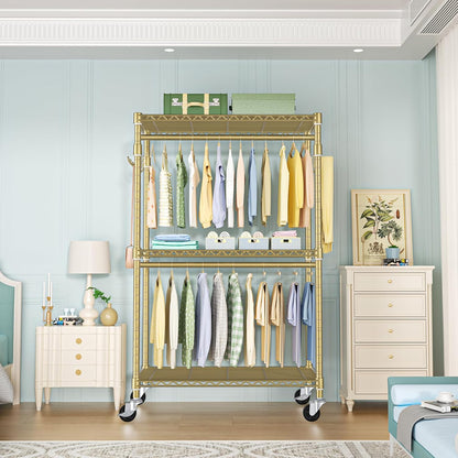 P1 Rolling Clothes Rack, Movable Metal Garment Closet Organizer with Lockable Wheels, Clothing Wardrobe with Double Hanger Rods and Hooks, 35.4" W x 15.7" D x 80.5" H, Load 450lbs, Gold