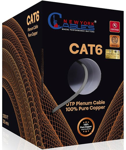 NewYork Cables | CAT6 Plenum Cable 1000ft UL/ETL Listed, 100% Pure Copper, UTP, 550MHz, 23AWG, 4Pair 10GB Ethernet Cable | Certified CMP-Rated Fire-Resistant (1000ft, Pure Copper UL Listed, Grey)