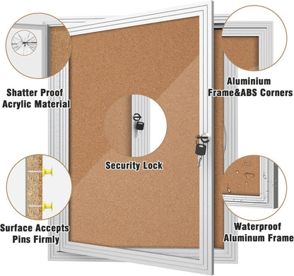 26"x20" Enclosed Bulletin Board, Outdoor Lockable Weather-Resistant Aluminum Cork Noticeboard for School & Office, Silver Frame w/Cork