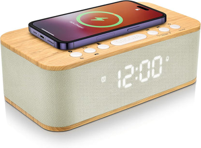 Alarm Clocks Large Snooze Button, Digital Clock USB Charger Port, Bluetooth Speaker Alarm Clock Bedroom AUX USB Bluetooth Speaker Wireless Charging 12/24H Dual Alarms Snooze Dimmer Sleep Timer, Yellow