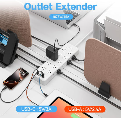 Flat Plug Power Strip Surge Protector with 20 AC Outlets 6 USB Chagring Ports, 1875W/15A, 2700J, Heavy Duty Extension Cord 6 Ft for Home, Office, Dorm, Gaming,ETL Listed (White, 6FT)