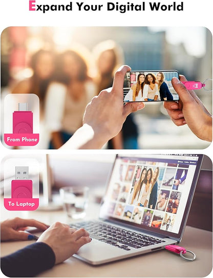 MOSDART 128GB USB3.1 Fast Speed C and A Dual Flash Drive, exFAT Memory Stick with Keychain and LED Indicator, for iPhone 15,16,17, Android Phone, iPad, MacBook, and Other Laptops, Hot Pink