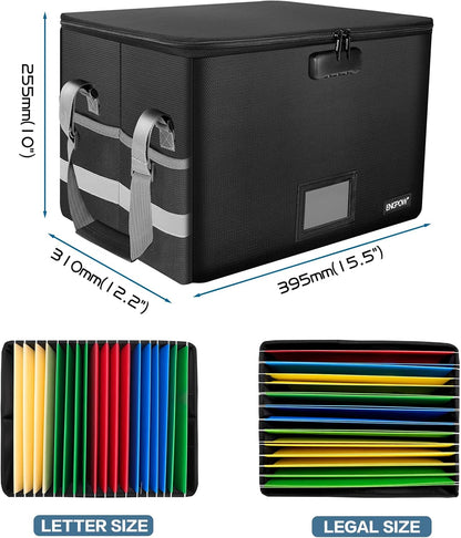 ENGPOW File Box with Lock,Fireproof Document Box with Zipper＆Pockets,Collapsible File Organizer Filing Storage Cabinet with Handle,Portable Home Office Safe for Hanging Letter/Legal Folder,Black