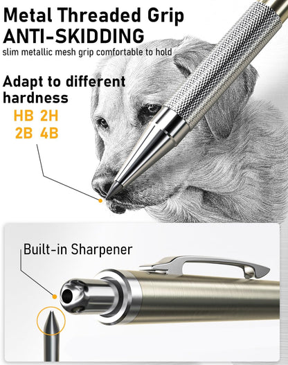 Nicpro 6PCS Metal Mechanical Pencil Set, Full Copper Drafting Pencil 0.3, 0.5, 0.7, 0.9 mm & 2PCS 2mm Graphite Lead Holder(4B 2B HB 2H) For Art Sketching Drawing With Lead Refills Eraser Case