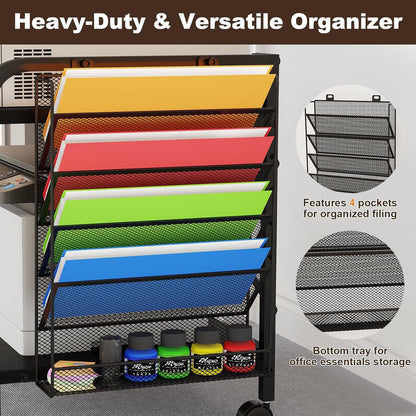 EasyCom Large Printer Stand with File Holder Organizer, Adjustable Height Shelf with Wheels, Rolling Printer Cart with Storage for Printer Scanner Fax Home Office Use Black