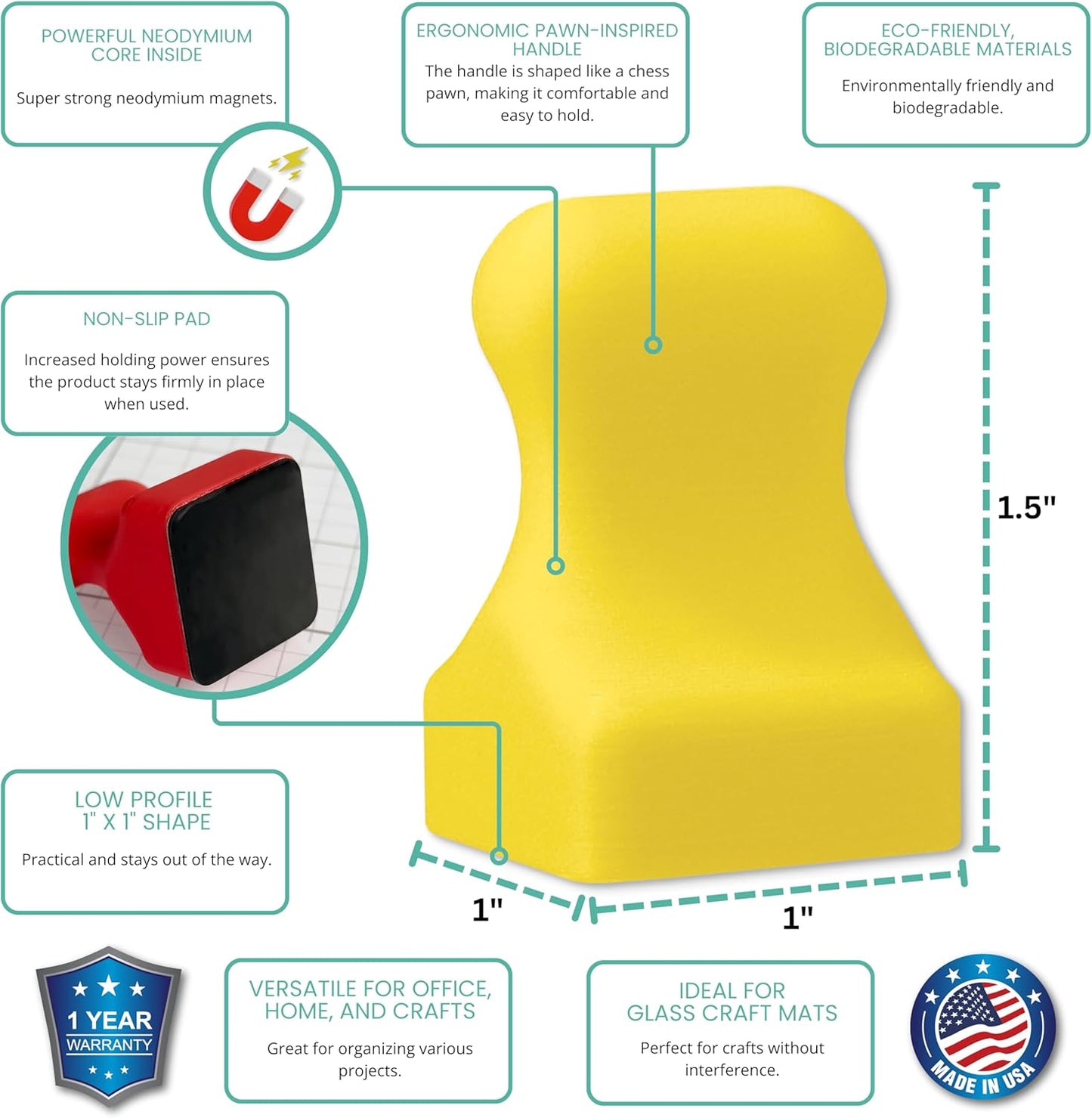 Glassboard Studio MiniPawn Magnet - Strong Neodymium Rare Earth Magnets for Fridge, Whiteboard, Locker & Magnetic Glassboards - Crafting & Office Use - Strong Fridge Magnets (Sunshine Yellow, 4)