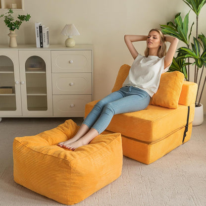 HIGOGOGO Square Stuffed Pouf Ottoman, Corduroy Poufs with Foam Chunk Filling, Furry and Fluffy Pouf Foot Stool Storage Ottoman, 21 X 21 Floor Poufs Foot Rest for Living Room, Orange