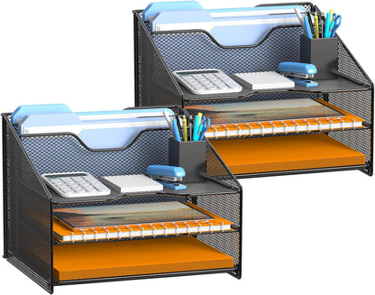Samstar 2 Pack Mesh Desk File Organizer Letter Tray Holder, Desktop File Folder Holder with 3 Paper Trays and 2 Vertical Upright Section, Black