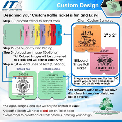 Custom 2” x 2” Billboard Single Roll Ticket, Design Your Roll Tickets with Event Logos, Classroom Rewards, Fundraisers, Door Entry, Raffles, Prizes, Drink/Food Tickets, & More (8 Color Selection)