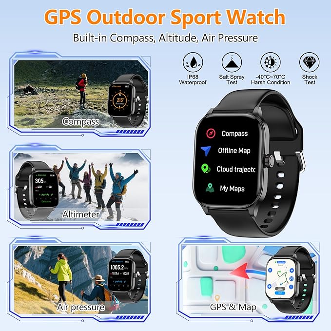 Smart Watch for Women Men with Text and Call, 2025 New AI Smartwatches with Heart Rate/SpO2/Sleep/Stress Monitor, 100+ Sports Modes, GPS Fitness Watches Compatible with iOS/Android (Map, Black)