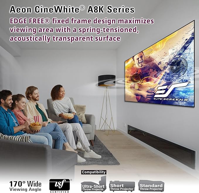 Elite Screens Aeon CineWhite A8K, 135" Diag, 16:9 Aspect Ratio, ISF Certified 8K Ultra HD Home Theater Fixed Frame Edge Free Projection Sound Transparent Perforated Weaved Screen, AR135H-A8K